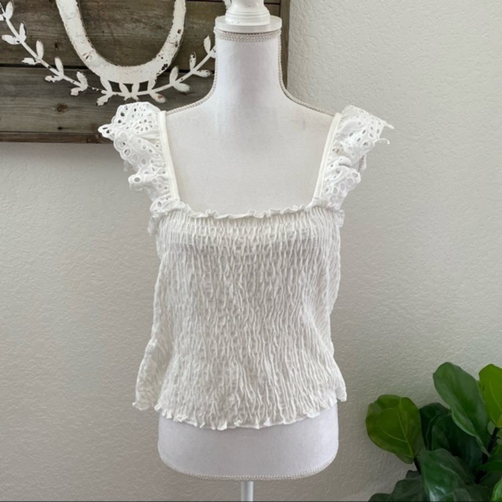 Anthropologie Eri Ali white smocked tank top size L NWT